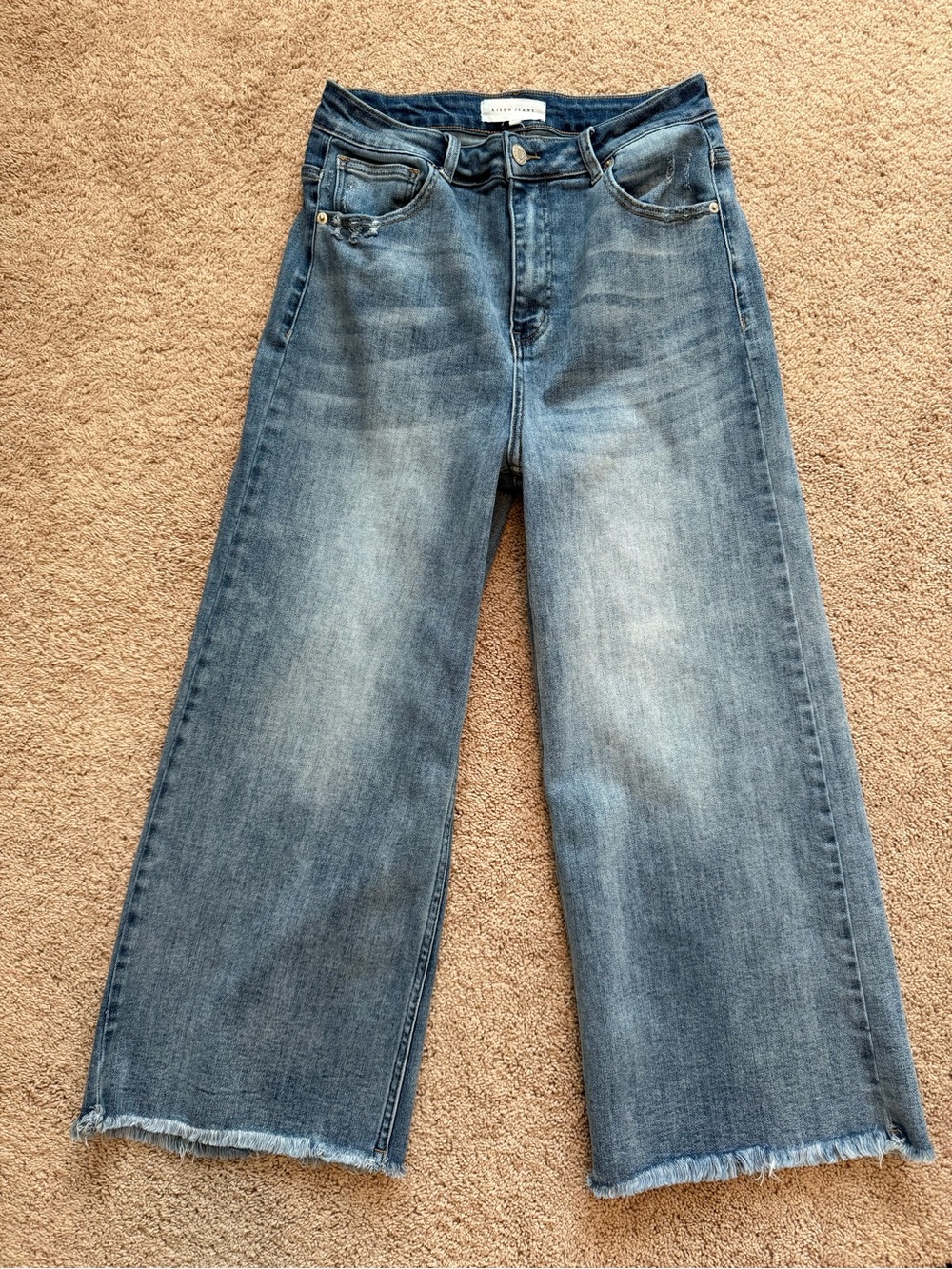 Risen Jeans High-Rise Wide-Leg Cropped in Medium Blue Wash